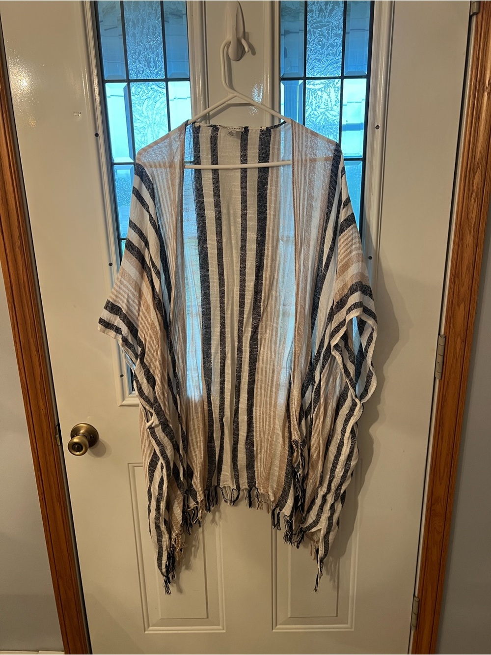 American Eagle Outfitters Black and White Striped Fringe Kimono